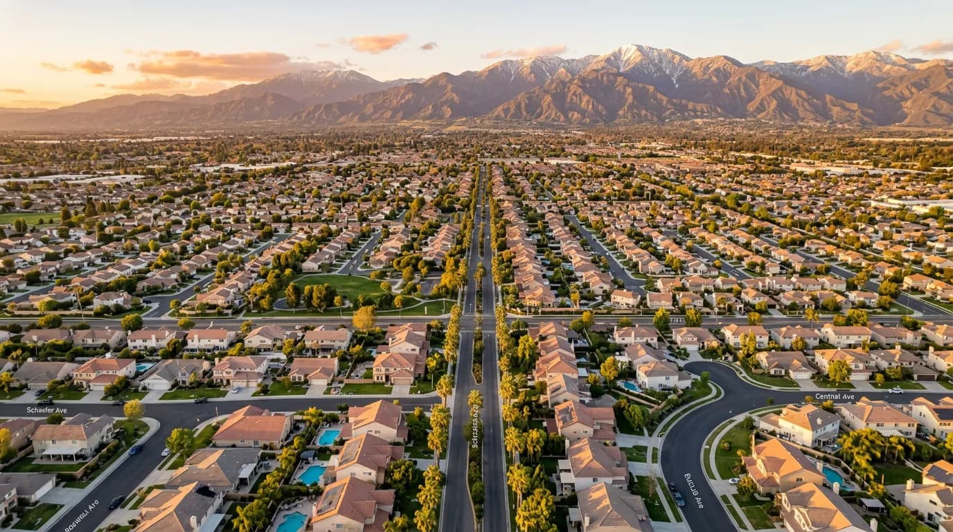 Aerial view of Chino California neighborhoods representing local digital marketing roots