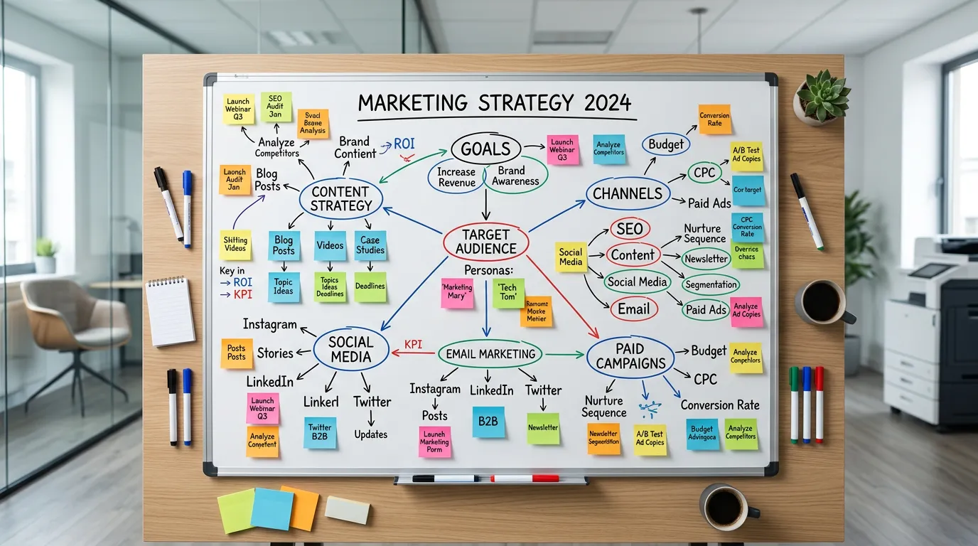Marketing strategy whiteboard with sticky notes and diagrams at Online Website Marketing