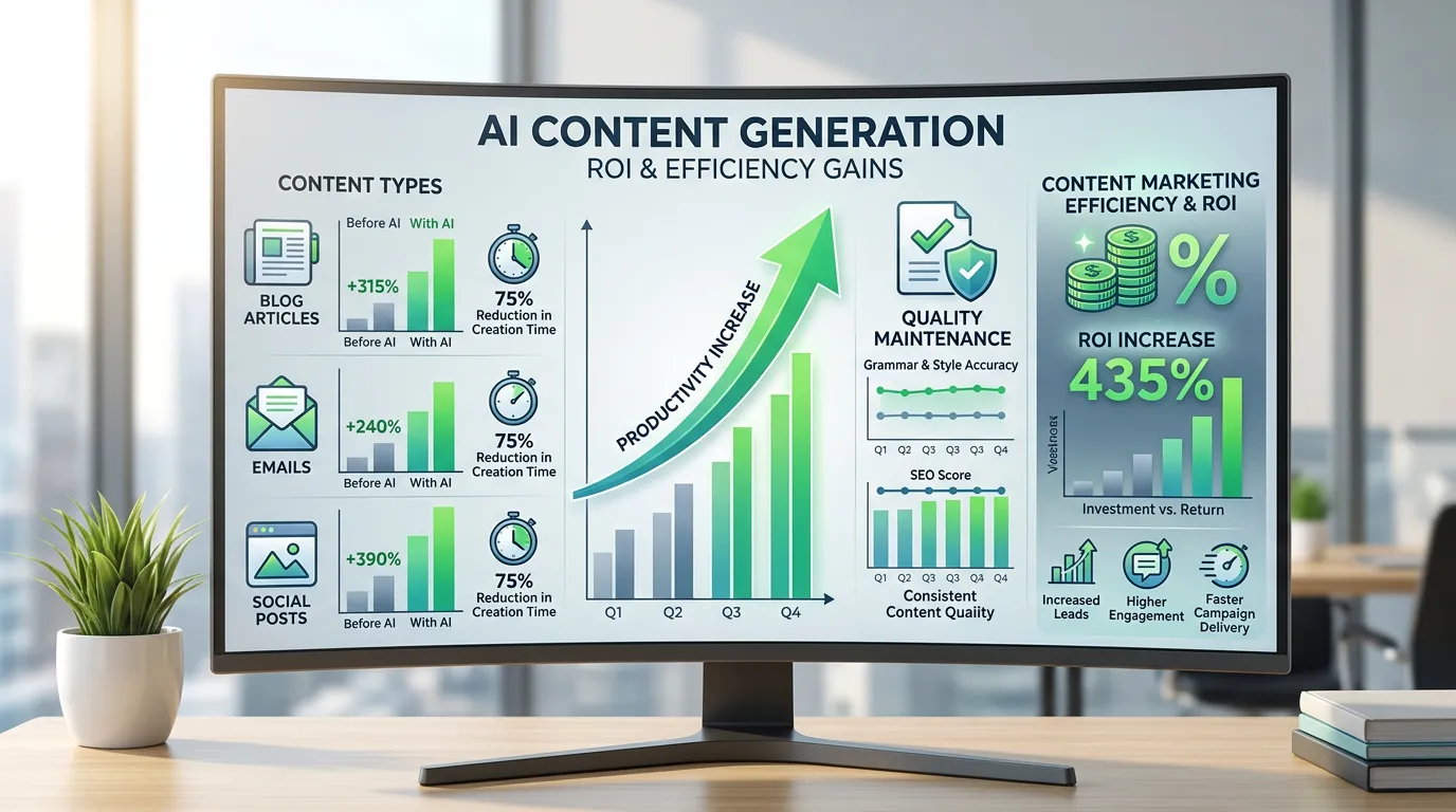 AI content generation ROI showing productivity increase from using AI writing tools while maintaining content quality