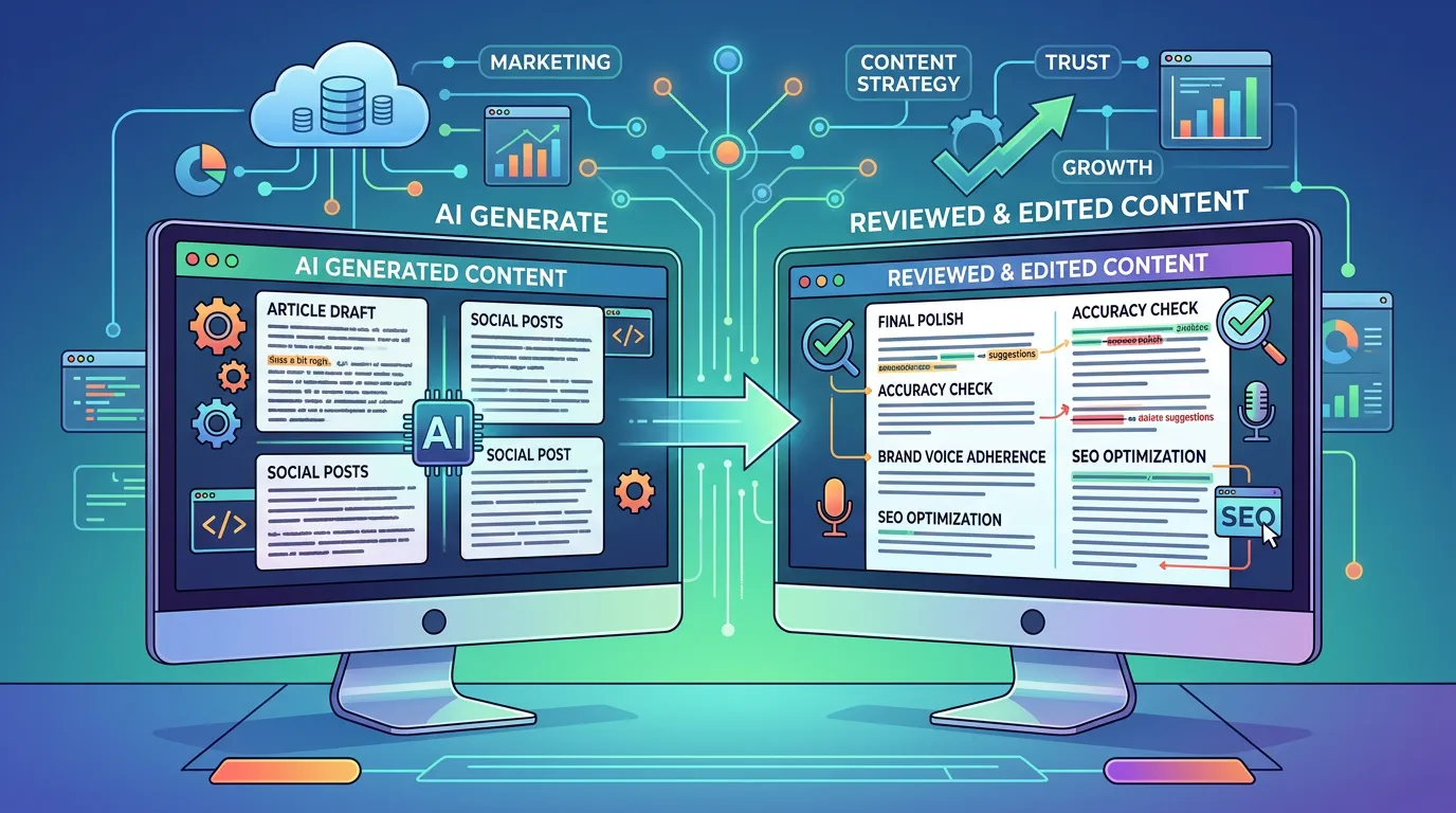 AI content quality control showing AI generated content being reviewed and edited for accuracy and brand voice