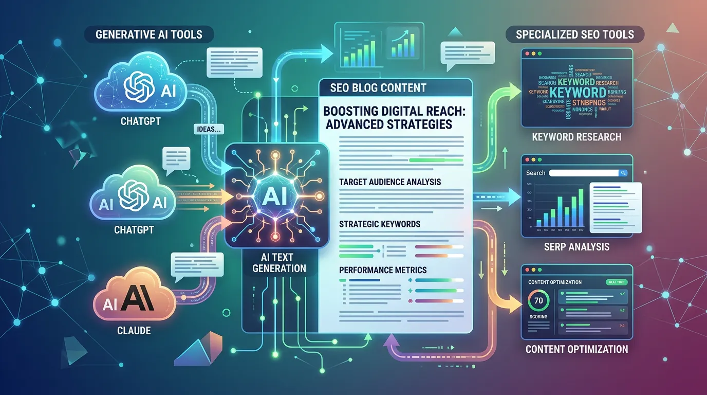 AI content generation tools showing AI writing assistant creating SEO blog content for digital marketing agency