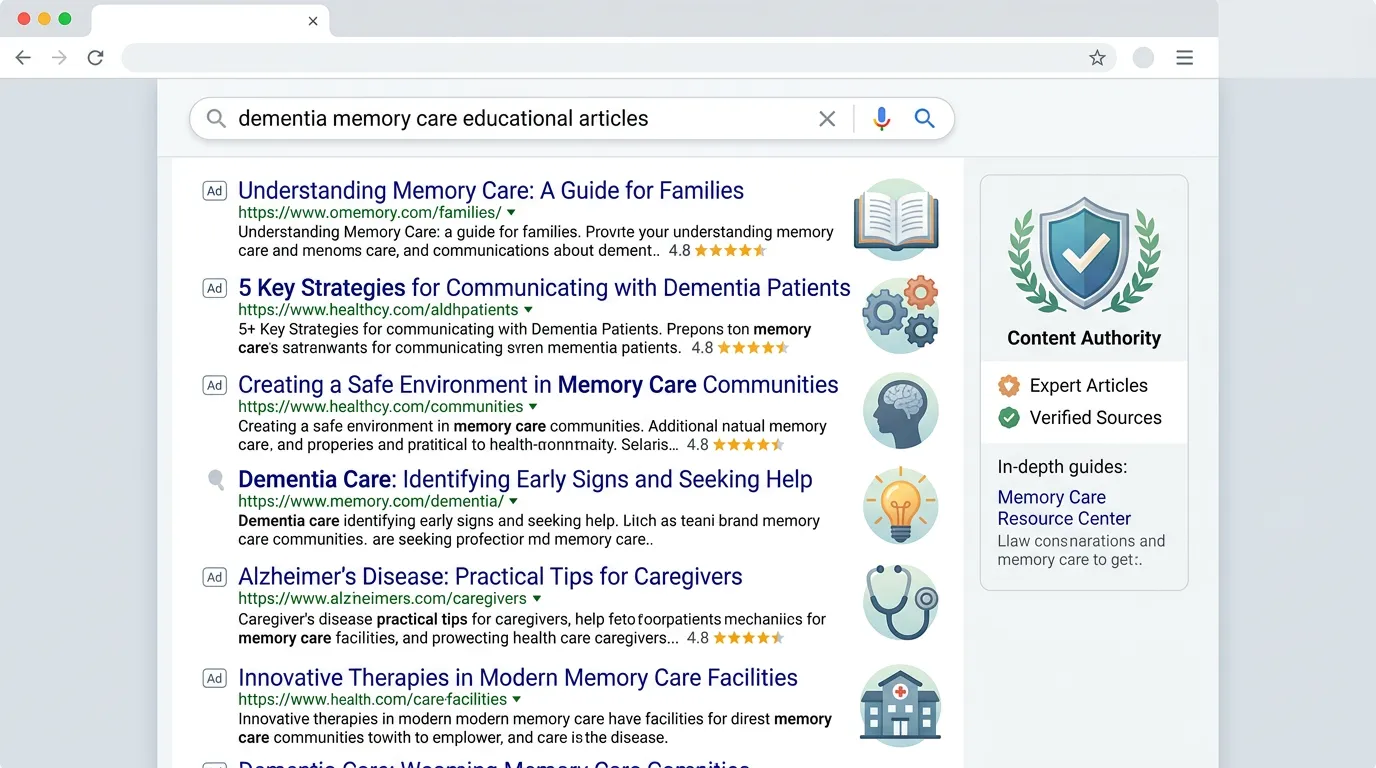 Alzheimers care educational blog articles ranking in Google for content authority