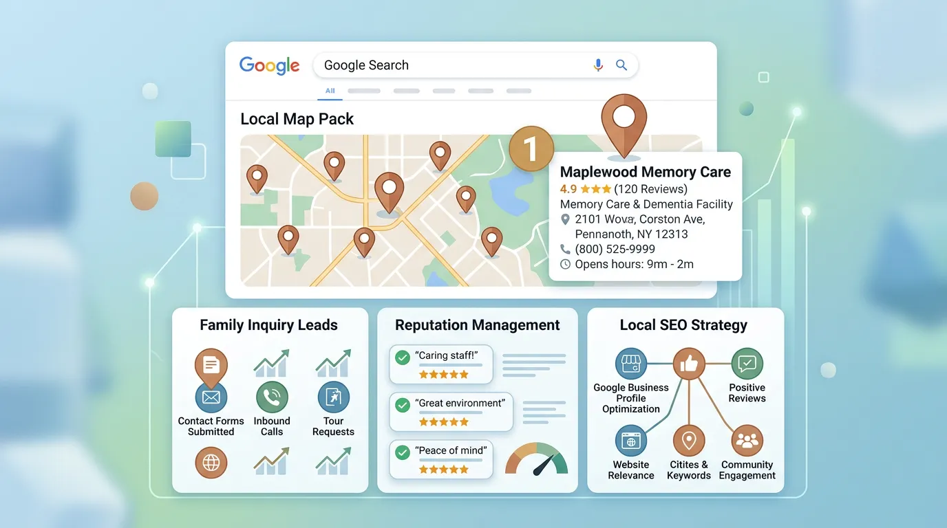 Memory care facility Google Business Profile at top of local map pack for dementia care searches
