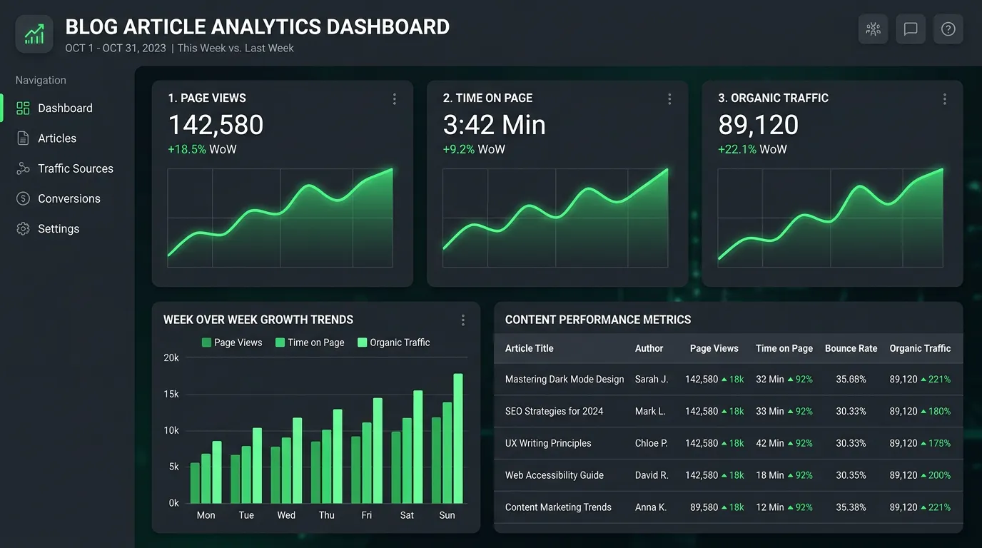 Blog article analytics showing traffic and performance metrics for content produced by Online Website Marketing