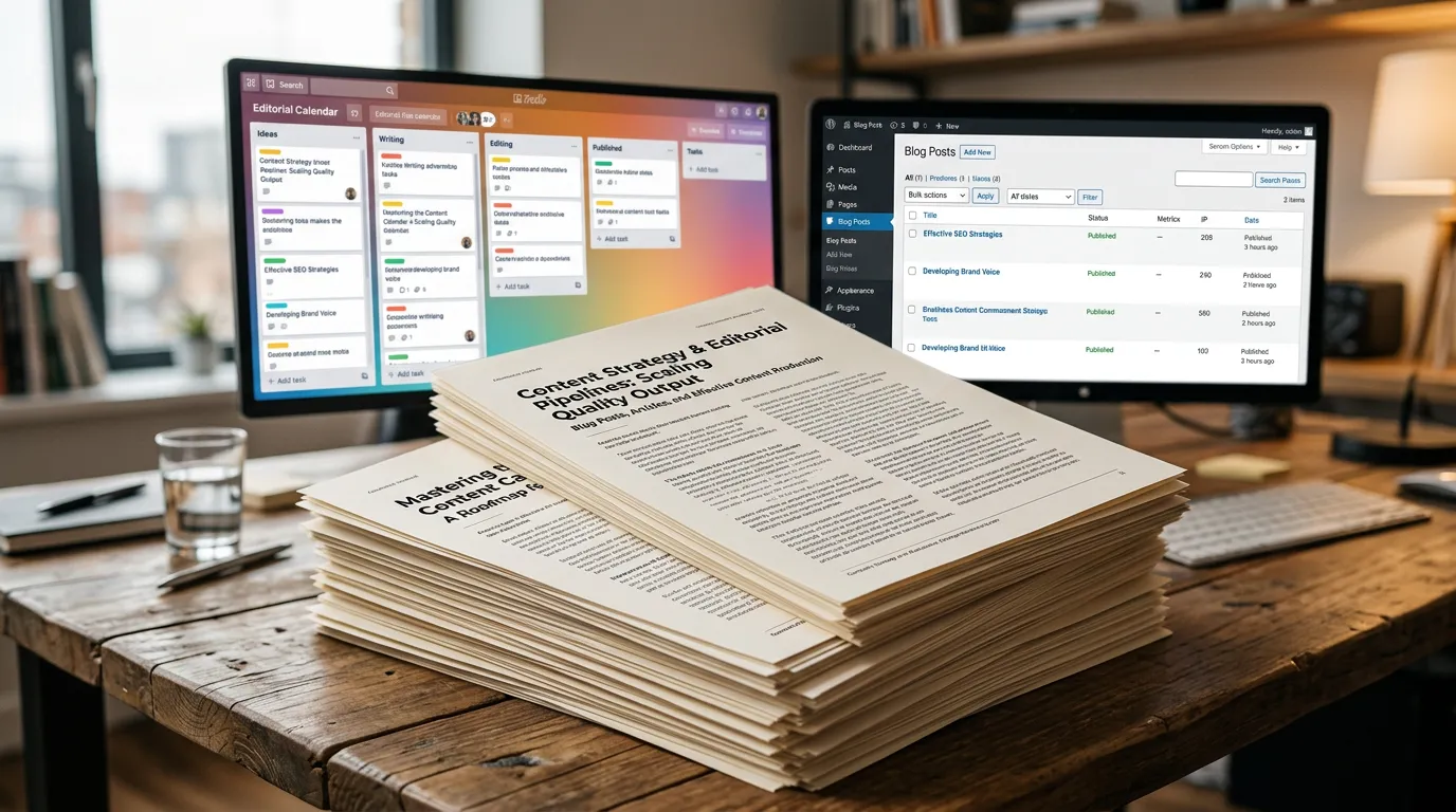 Stack of professionally written articles representing blog and article production services