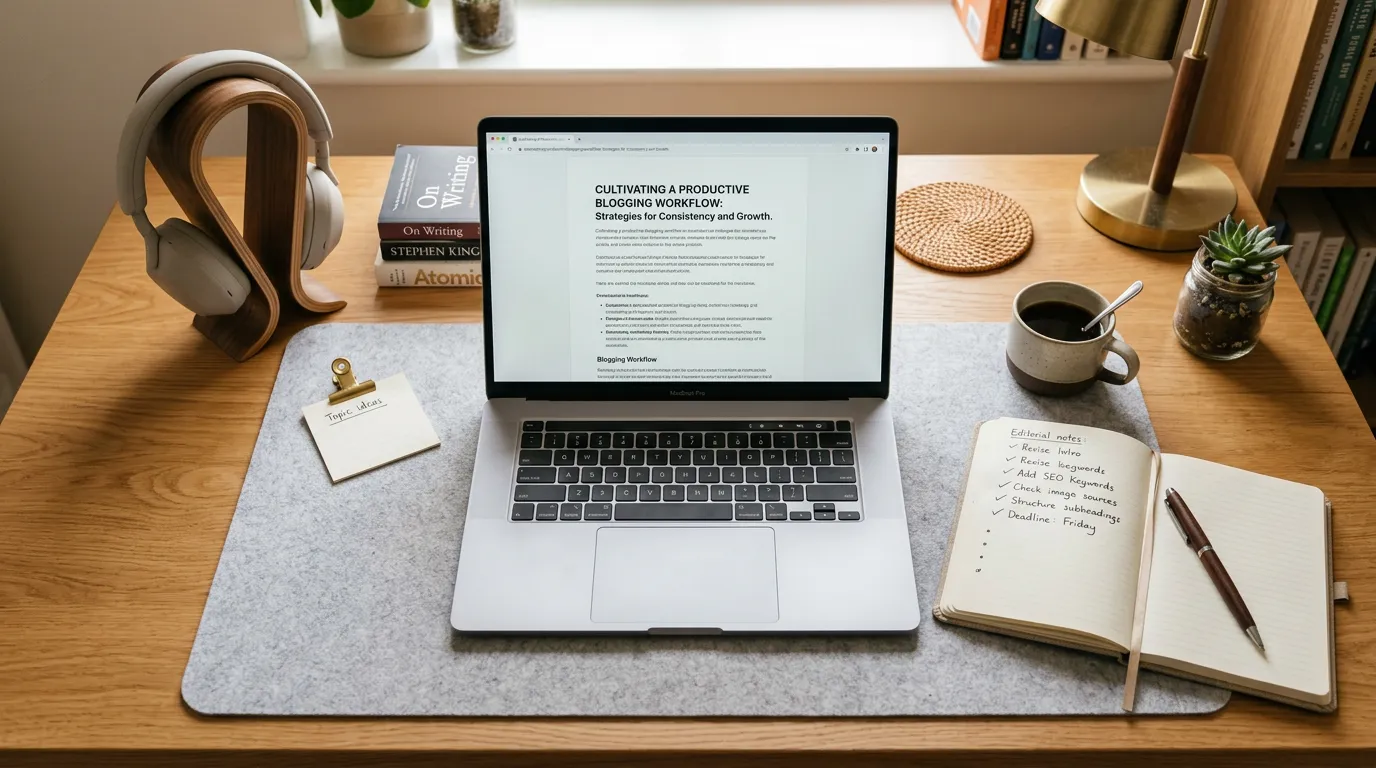 Blog and article production writing workspace showing professional content creation for Online Website Marketing