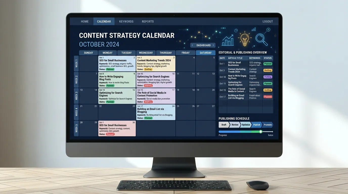 Content strategy blog showing editorial calendar with SEO blog posts planned around target keywords