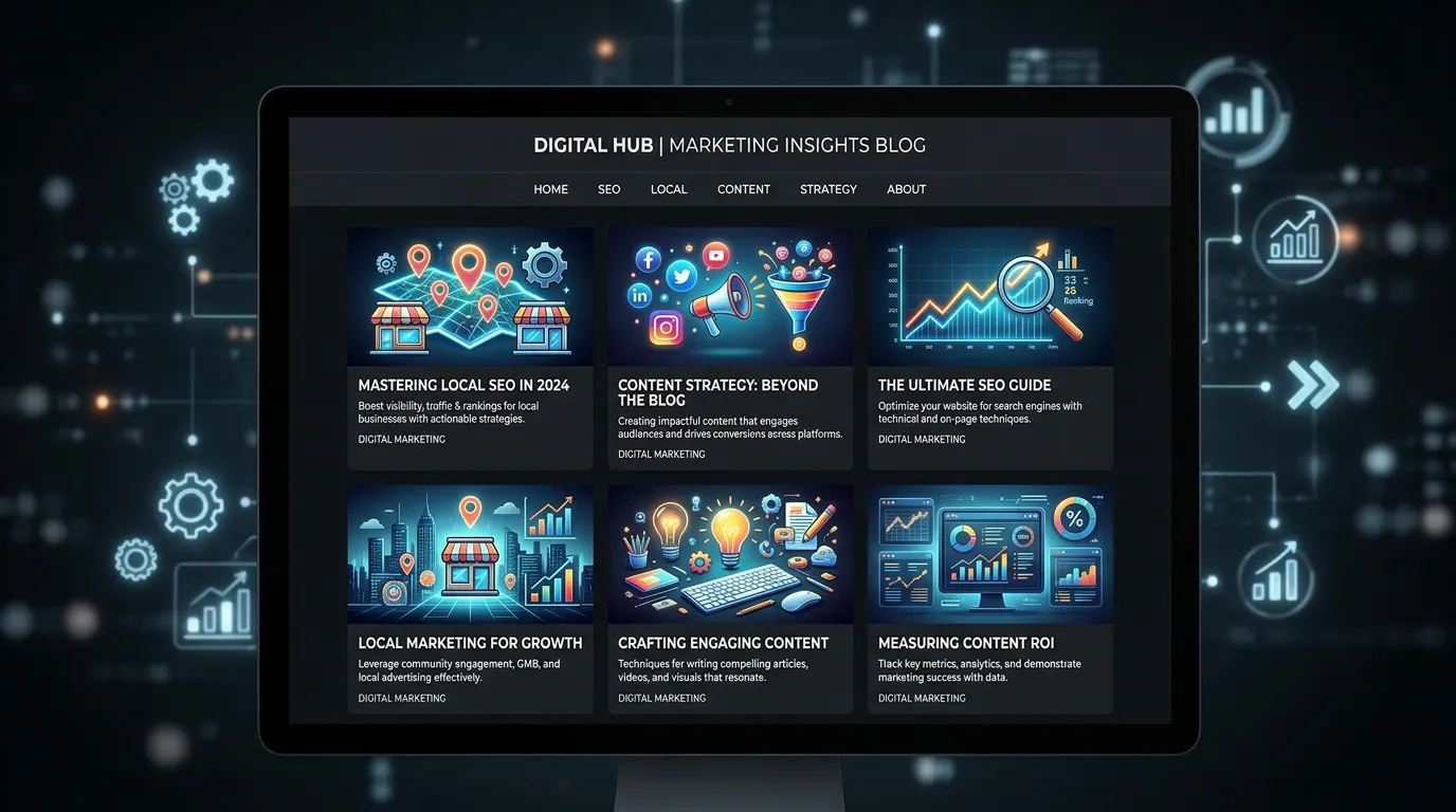 Digital marketing blog showing multiple article thumbnails covering SEO local marketing and content strategy topics