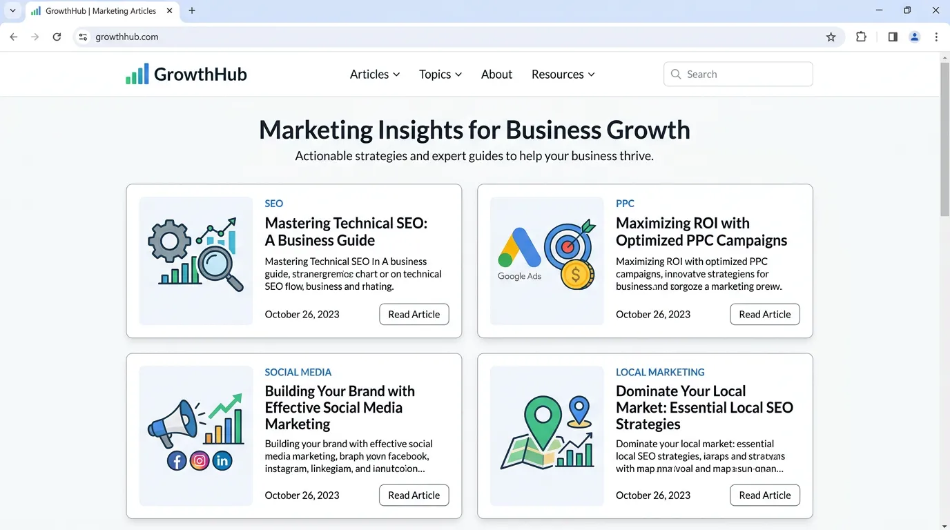Marketing insights blog with article cards covering SEO PPC social media and local marketing for business owners