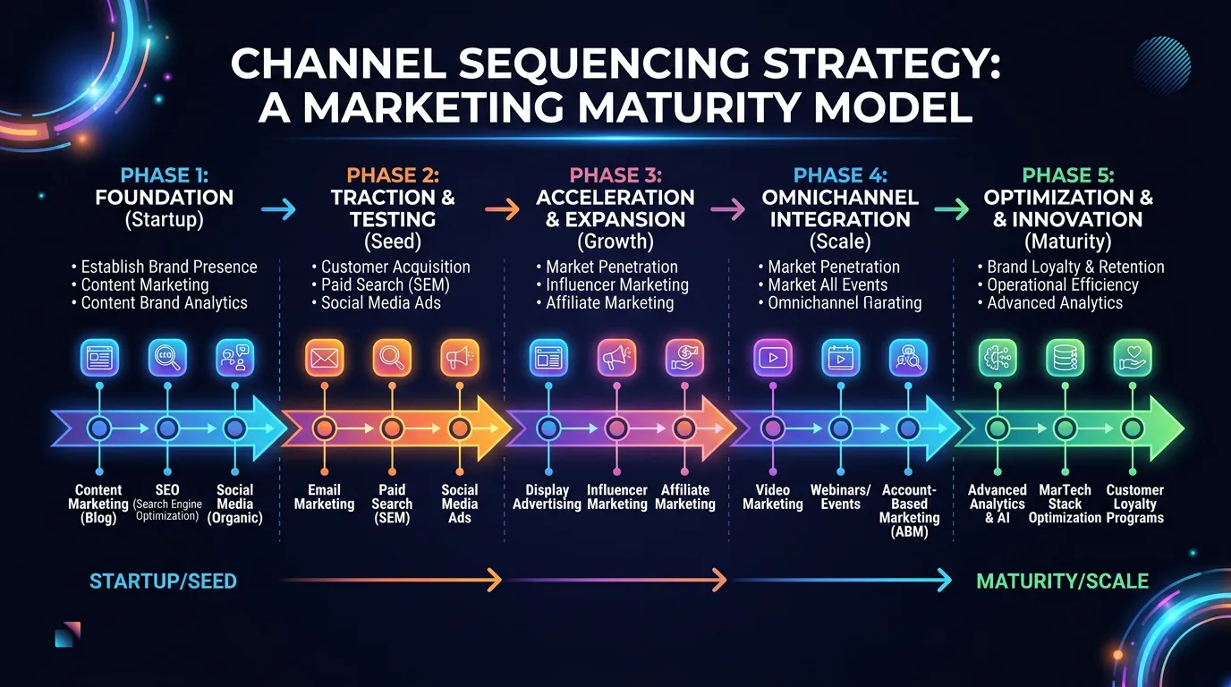 Channel sequencing strategy showing when to add each marketing channel as business scales