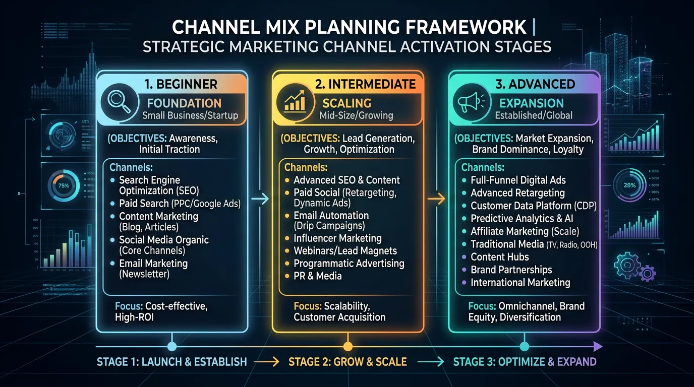 Channel mix planning framework showing which channels to activate at each business growth stage