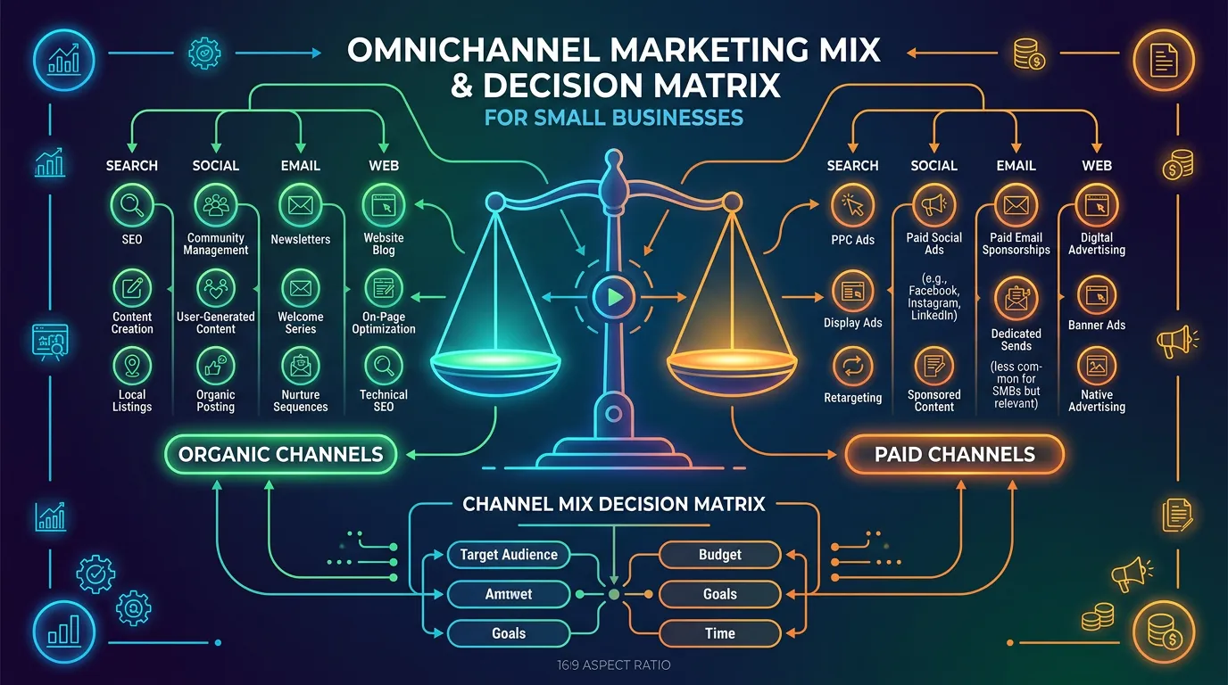Omnichannel marketing mix showing organic and paid channels balanced for maximum results
