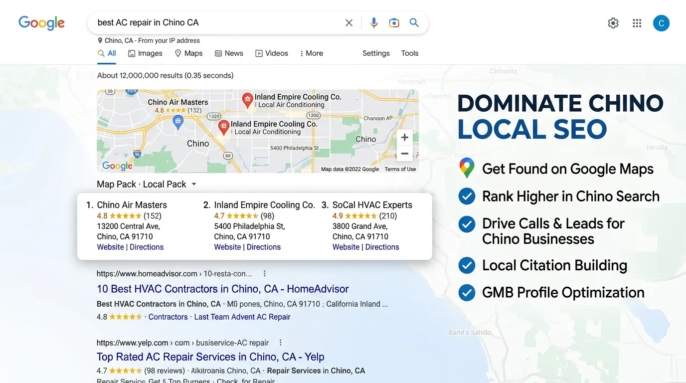Chino CA local SEO showing Google search results and map pack for local businesses in Chino California