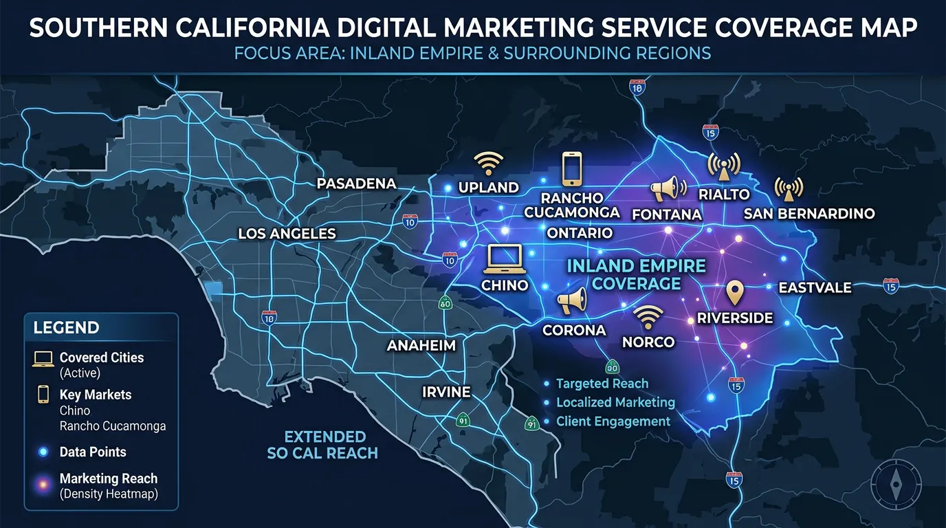 Digital marketing coverage map for Inland Empire and Orange County cities served by Online Website Marketing