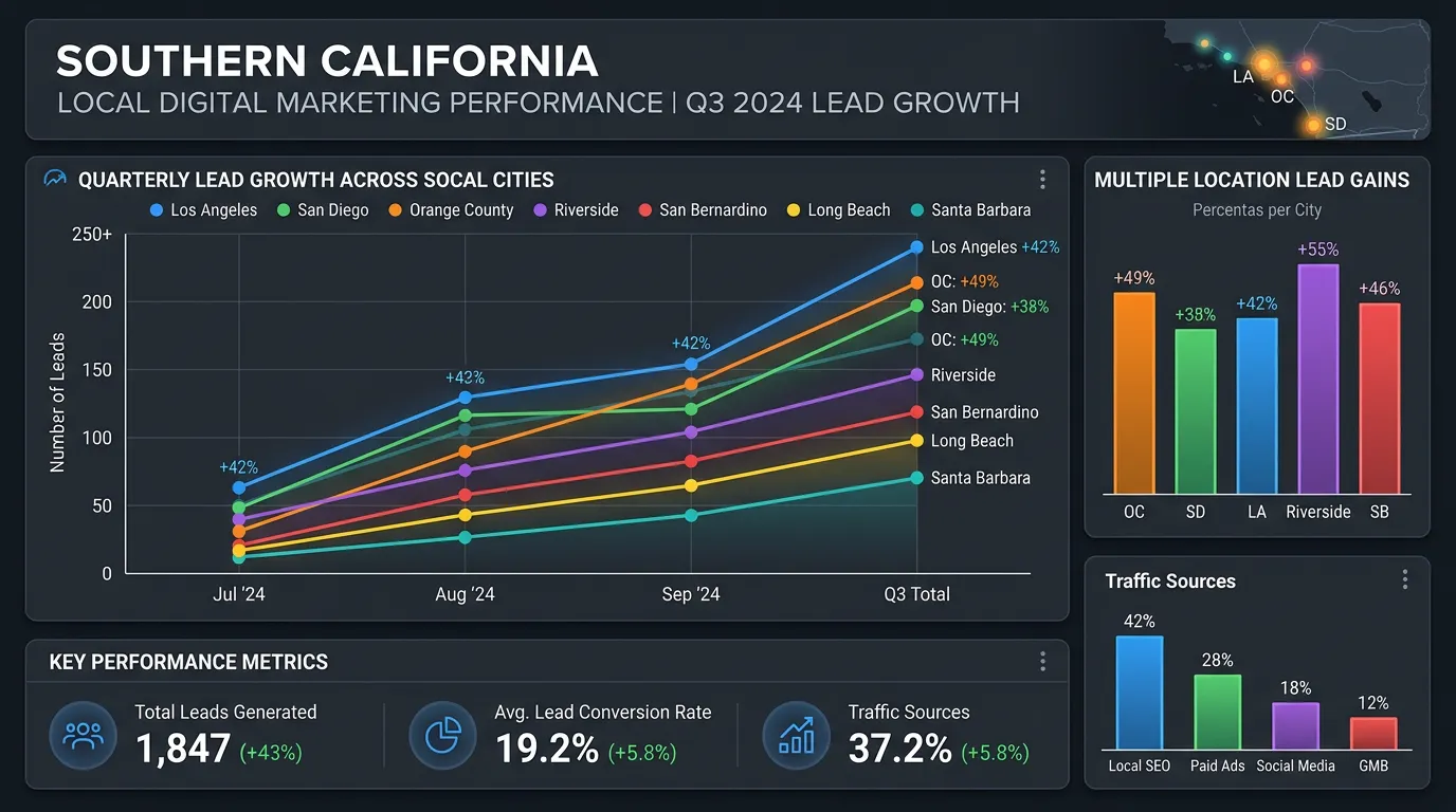 Multi-location digital marketing results dashboard showing lead growth across all Southern California service area cities