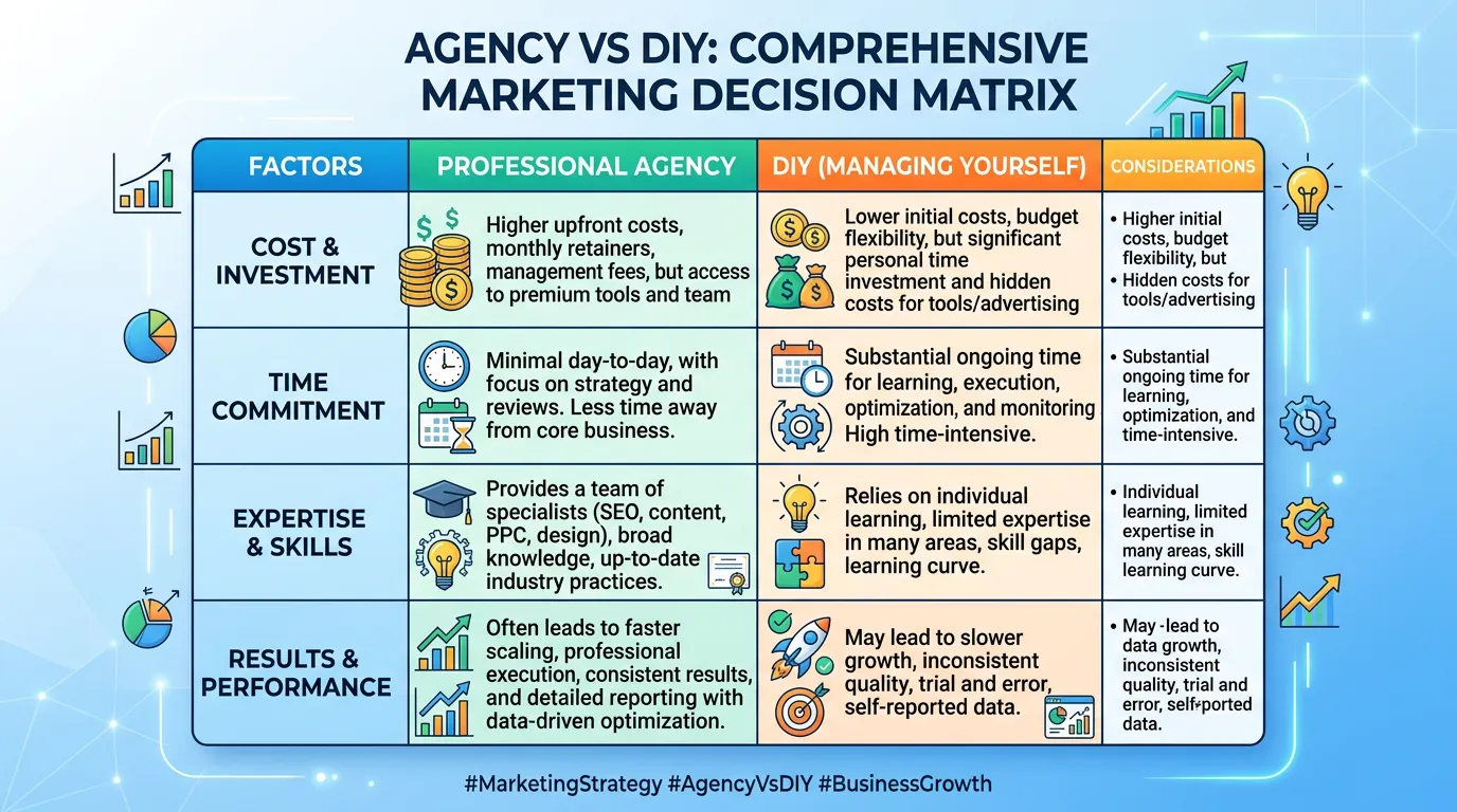 Agency vs DIY detailed comparison showing cost time expertise and results columns for professional agency versus self-managed