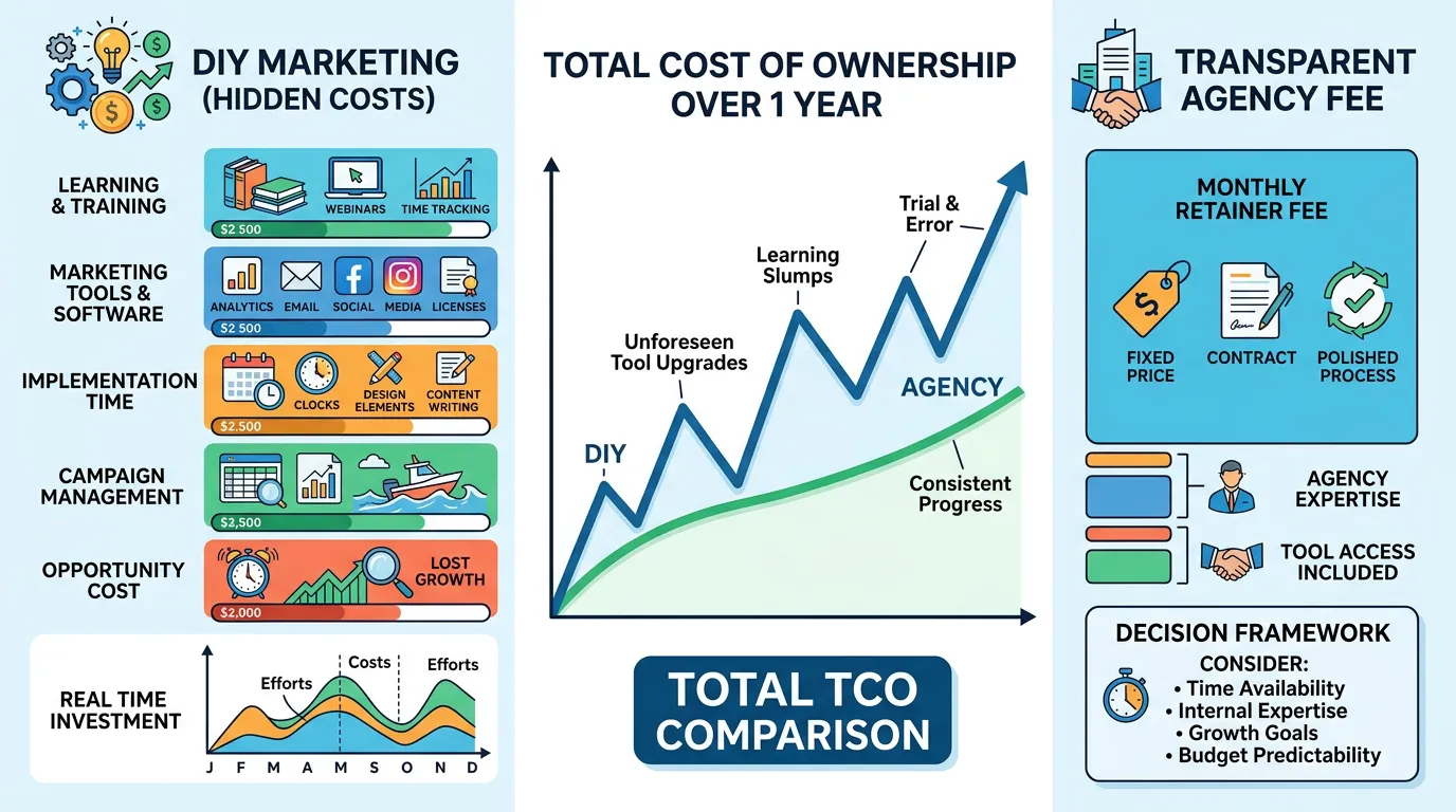 DIY marketing hidden costs showing real time investment in learning tools and implementation versus transparent agency fee