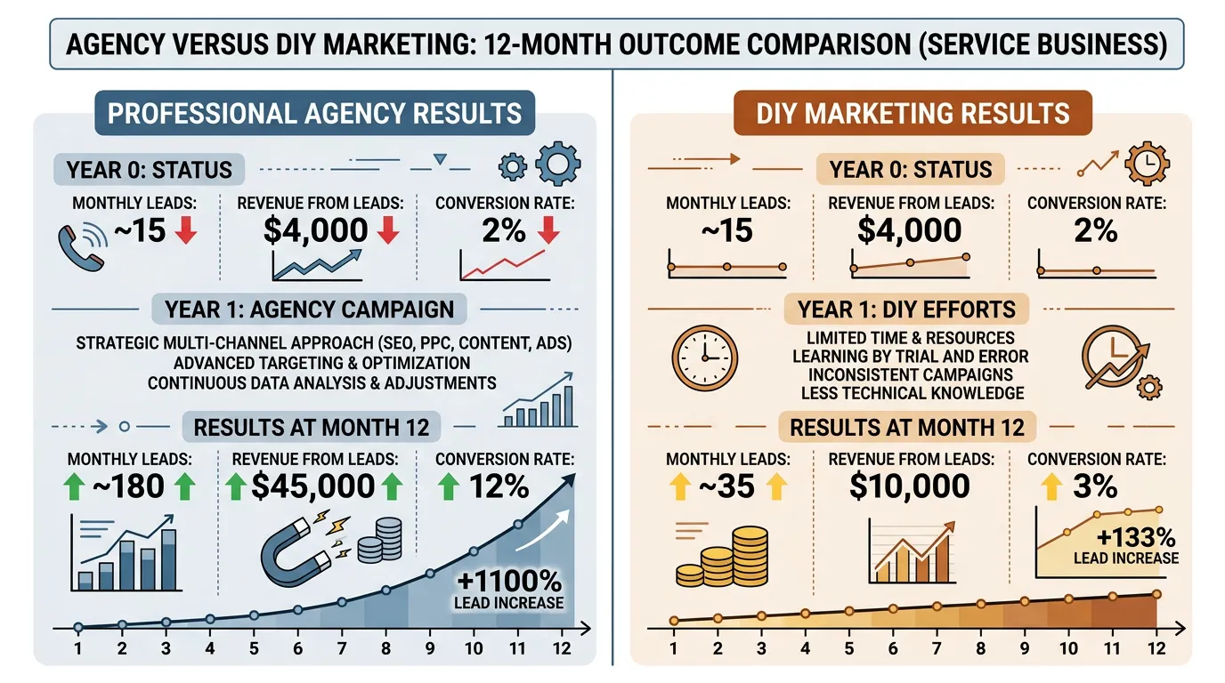 Agency versus DIY outcome comparison showing professional agency results versus DIY results over 12 months