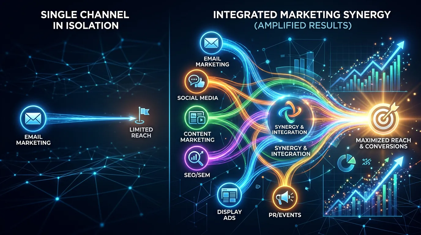 Marketing channel synergy showing multiple channels amplifying each other when working together in integration