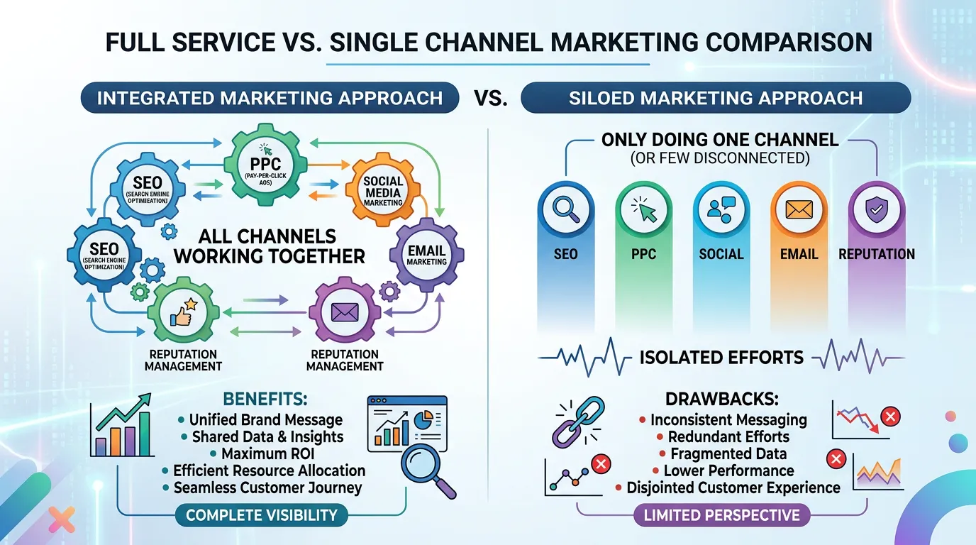 Full service versus single channel marketing comparison showing all channels versus only one channel approach