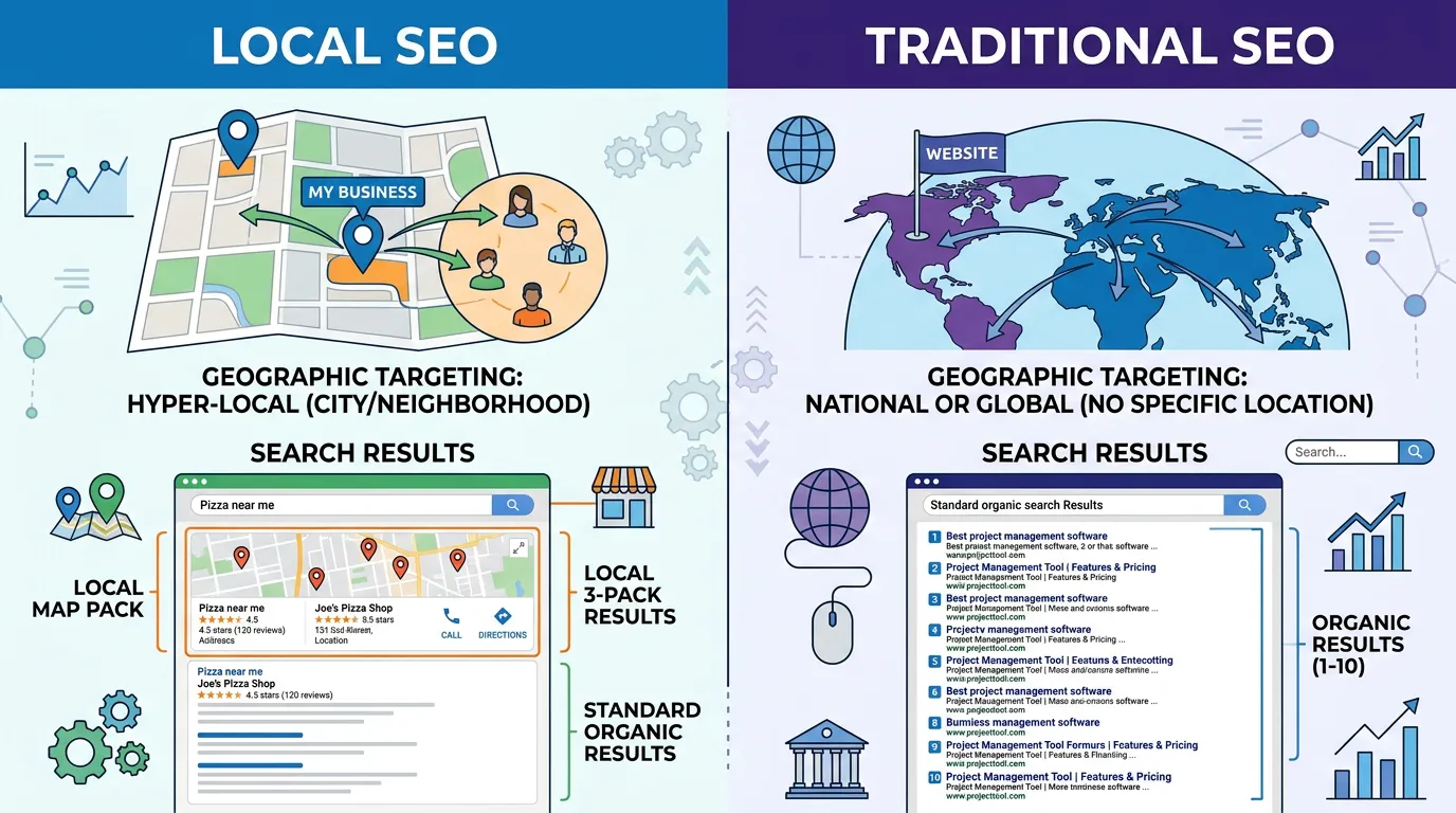 Local SEO versus traditional SEO comparison showing hyper-local geographic targeting versus national organic search