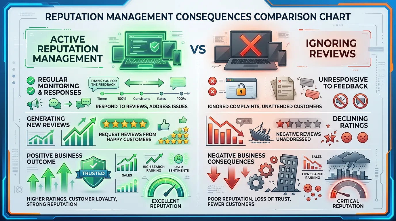Active reputation management versus ignoring reviews showing business actively responding versus unresponsive declining rating