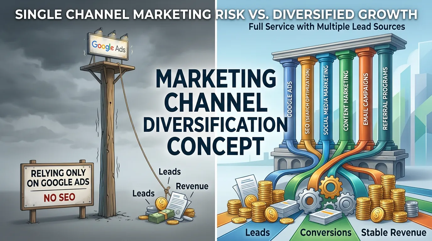 Single channel marketing risk showing reliance on only Google Ads versus full service with multiple lead sources