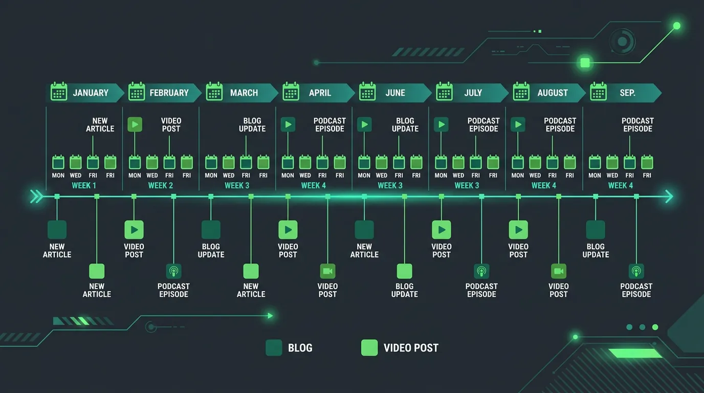Consistent publishing timeline showing content calendar management cadence for service businesses
