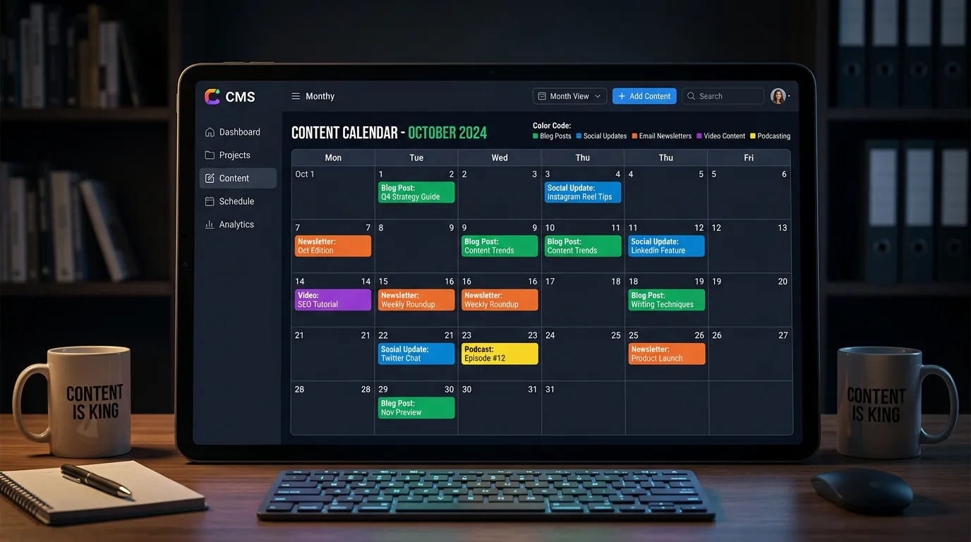 Content calendar management showing editorial schedule on screen for Online Website Marketing clients