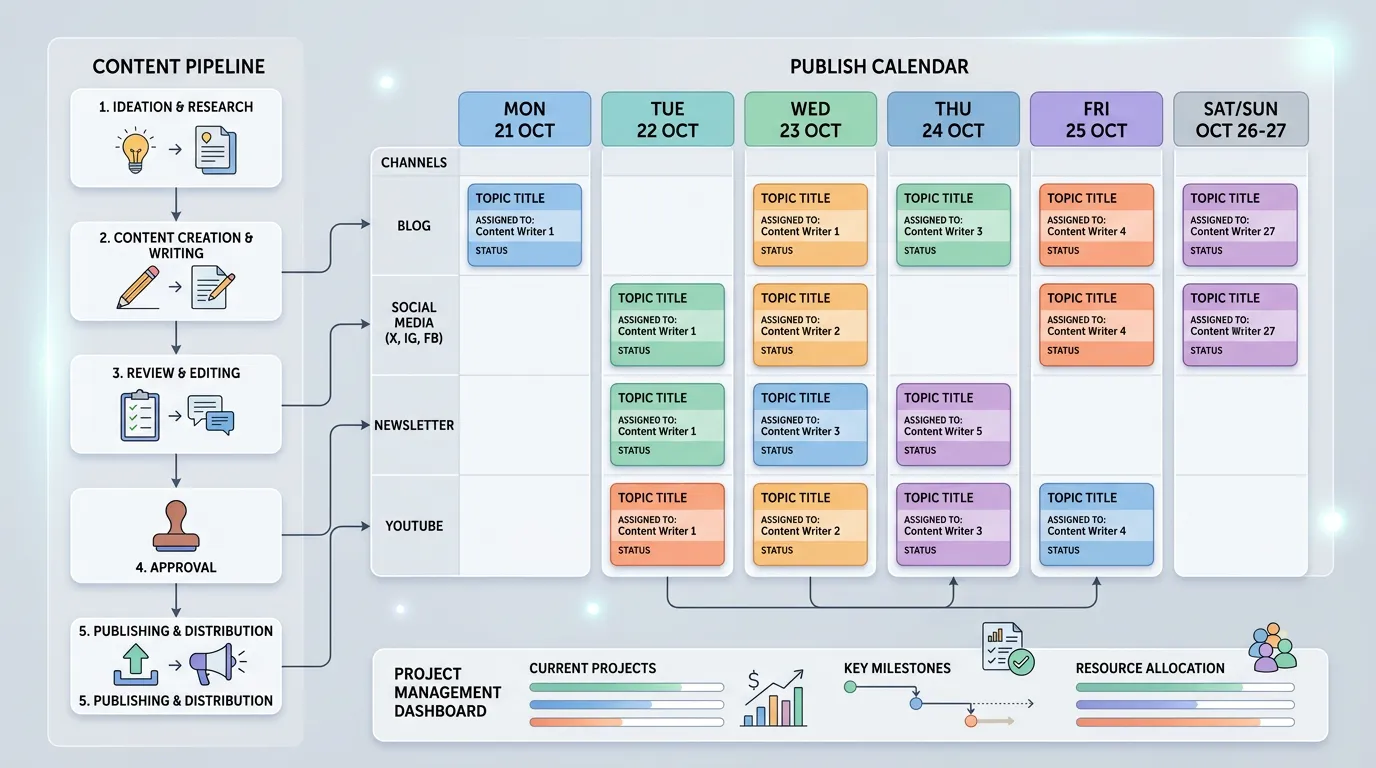 Content calendar workflow and publishing pipeline for consistent content marketing management