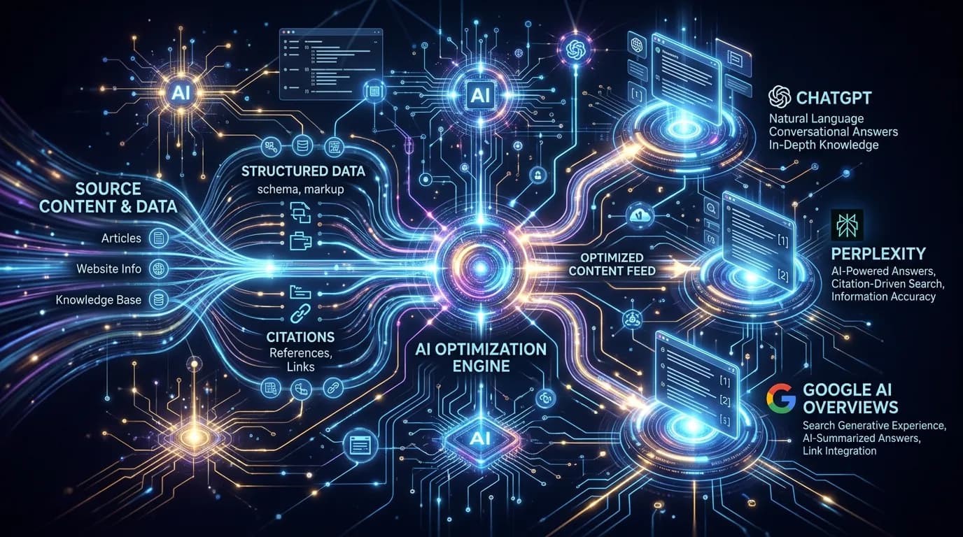Content optimized for AI and generative engines showing AI search node network for Online Website Marketing