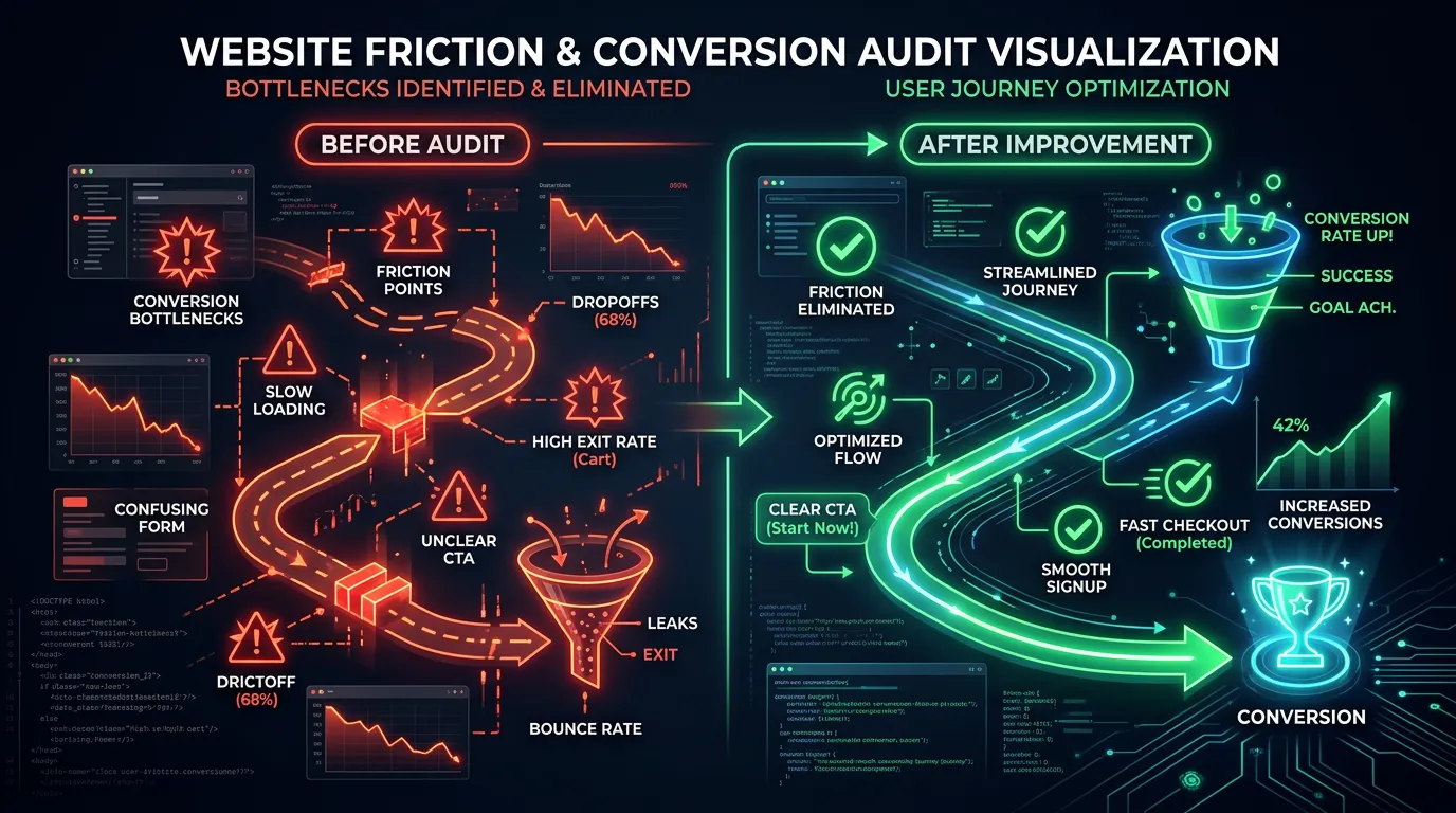 Conversion audit showing friction points eliminated from the website user journey for better conversions