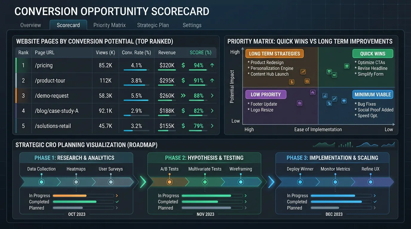 Conversion audit opportunity scorecard showing priority matrix of quick wins and improvements