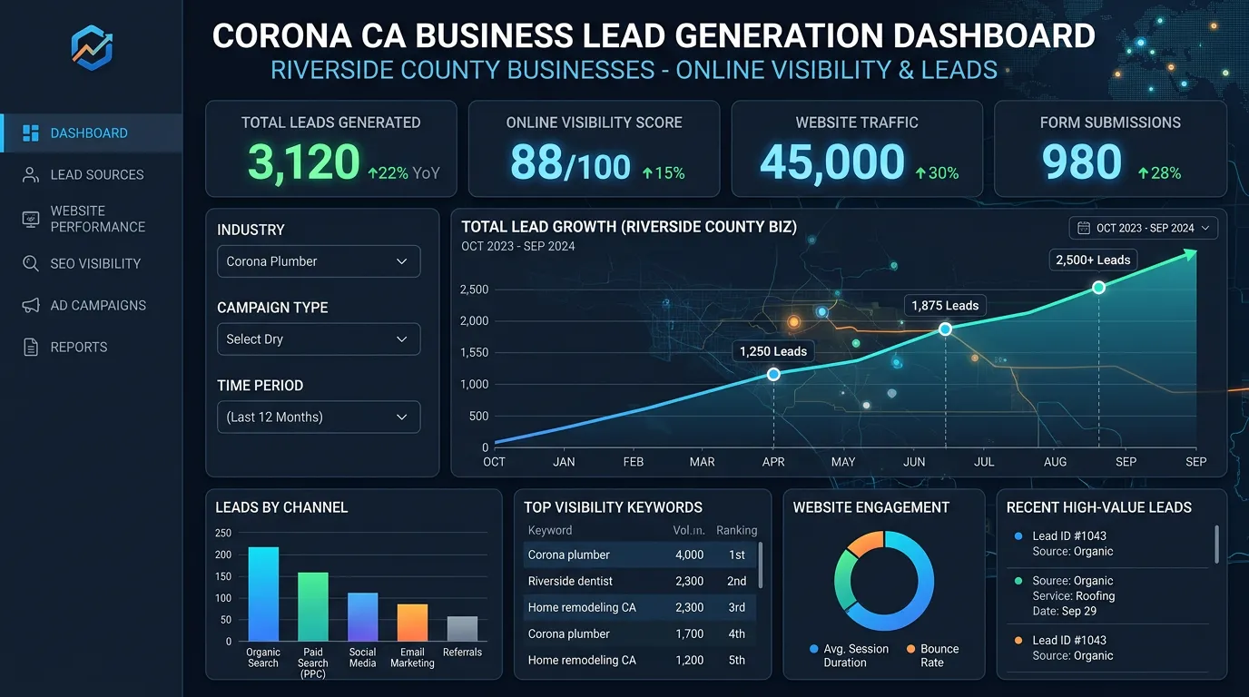 Corona CA business lead generation dashboard showing digital marketing results for Riverside County businesses
