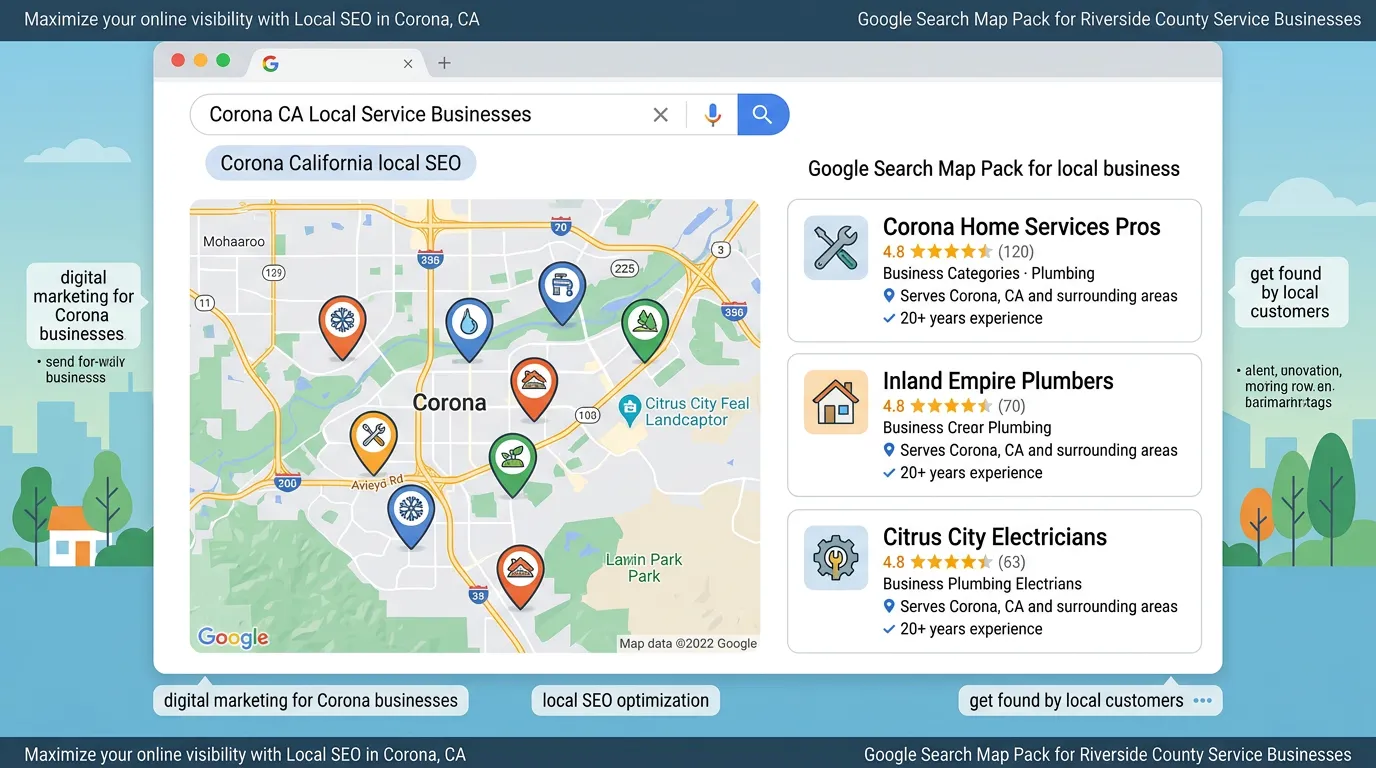 Corona CA local SEO showing Google search map pack for local service businesses in Corona California