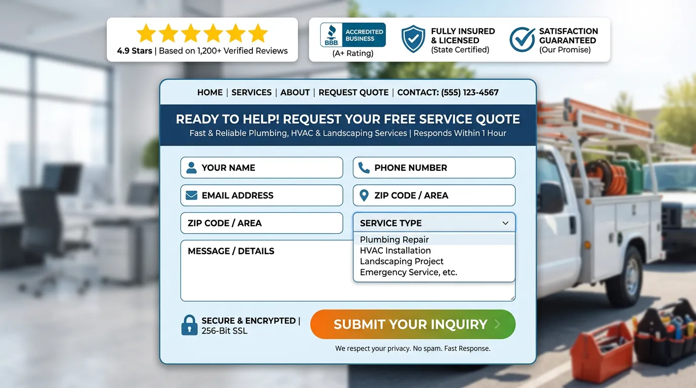 High-converting lead inquiry form for local service businesses with trust badges and secure icons