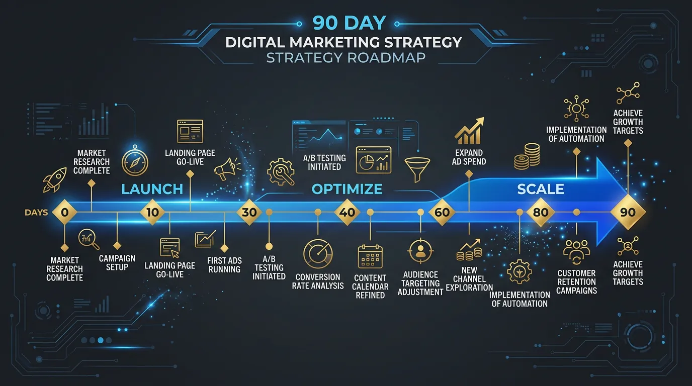 90-day digital marketing strategy roadmap showing launch optimize and scale phases with milestones