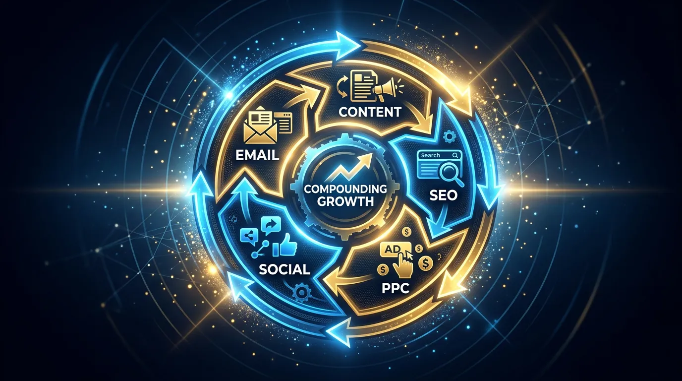 Digital marketing strategy flywheel showing compounding growth through interconnected channels