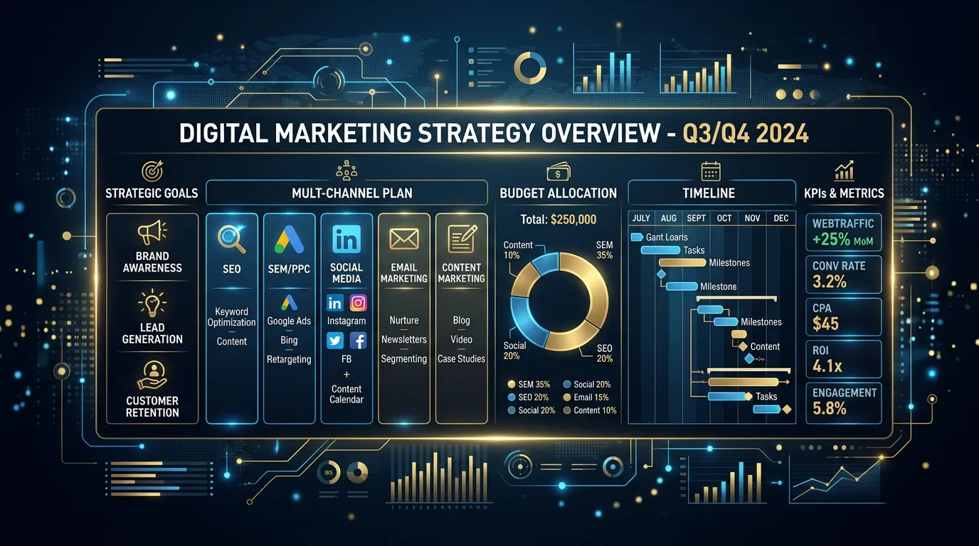 Digital marketing strategy showing multi-channel marketing plan with budget and KPIs for Online Website Marketing