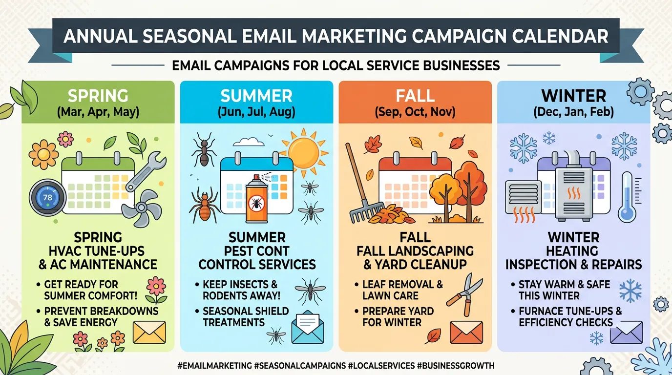Seasonal email campaign calendar for local service businesses showing promotions by season