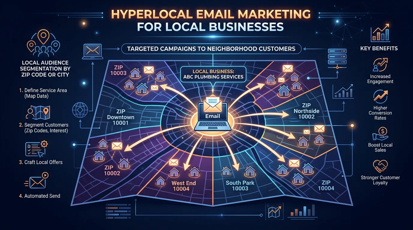 Email marketing for local businesses showing targeted campaigns to neighborhood customers by zip code