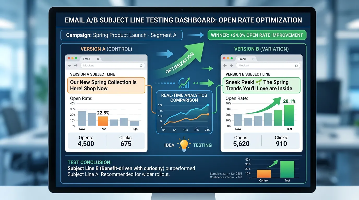 Email A/B subject line testing showing open rate improvement from strategic email strategy