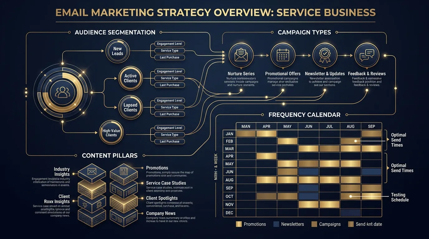 Email strategy showing audience segmentation campaign types frequency and content pillars planned out