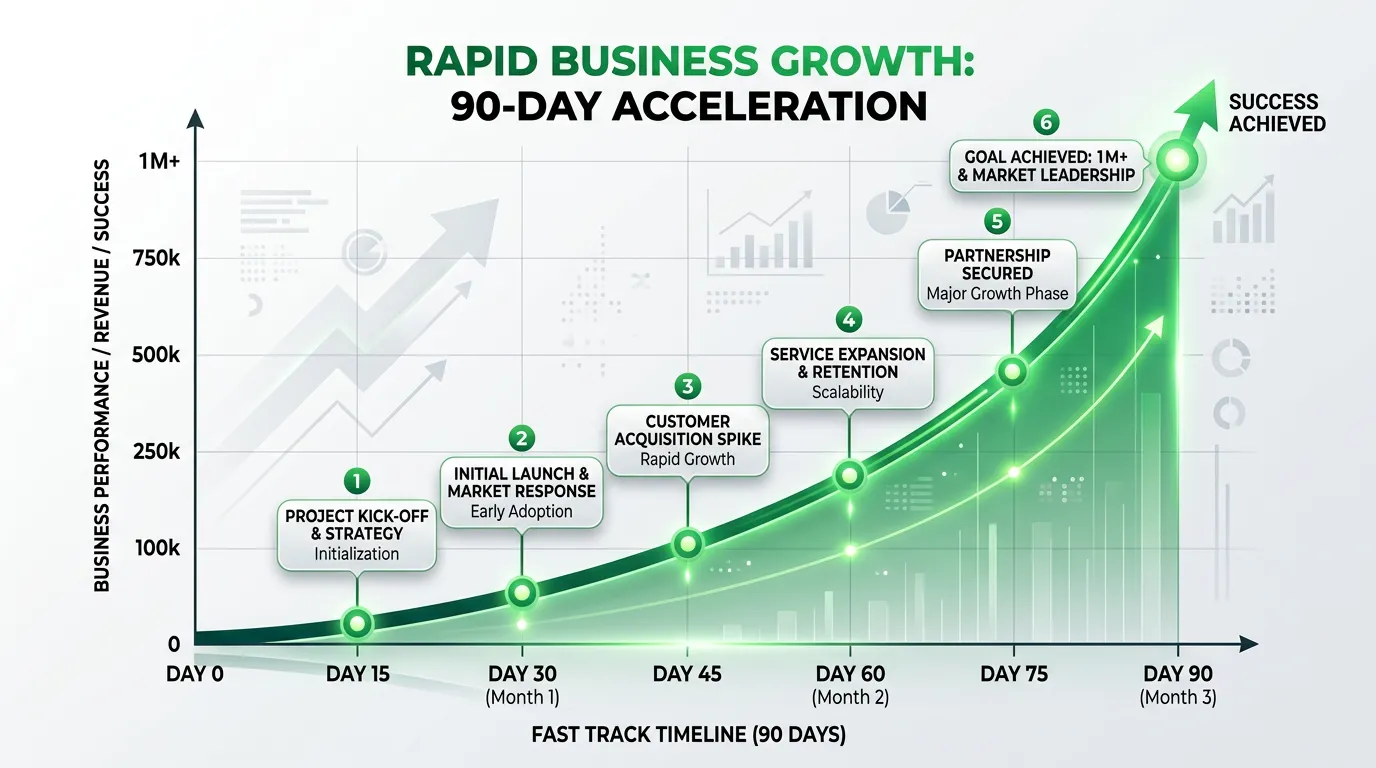 90-day results milestone graph showing rapid upward growth trajectory for fast track marketing clients