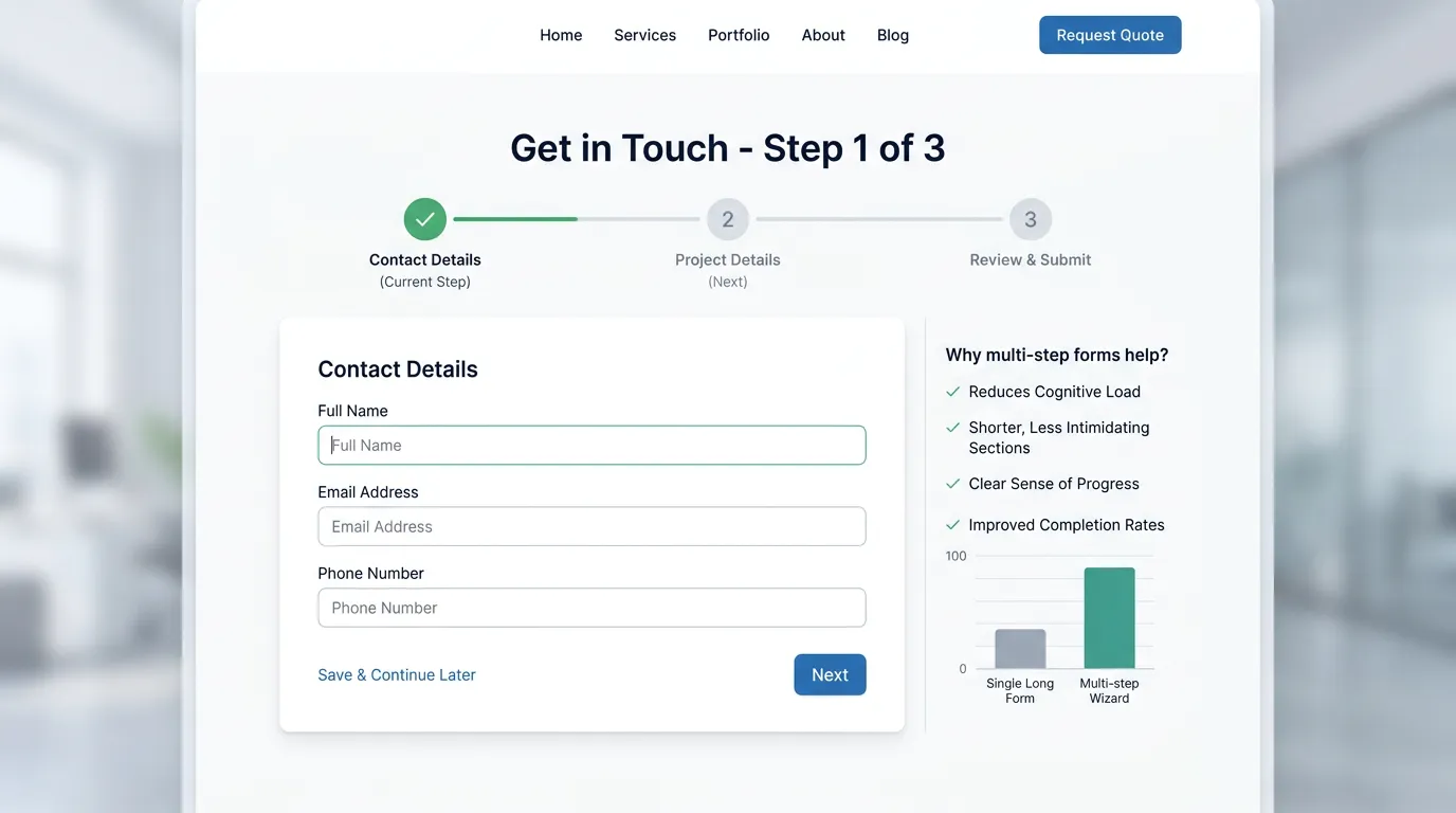 Multi-step form wizard with progress bar reducing form friction for better completion rates