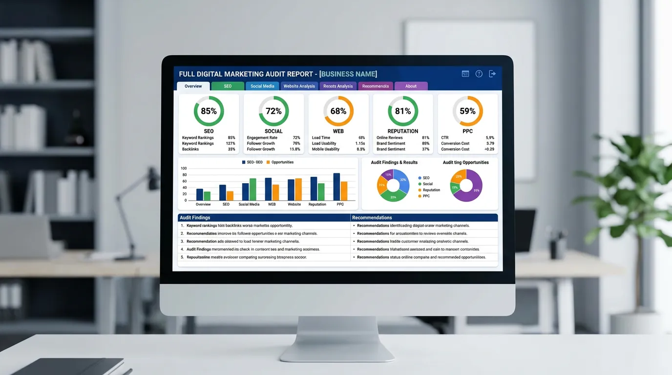 Comprehensive full digital marketing audit report showing scores across all channels