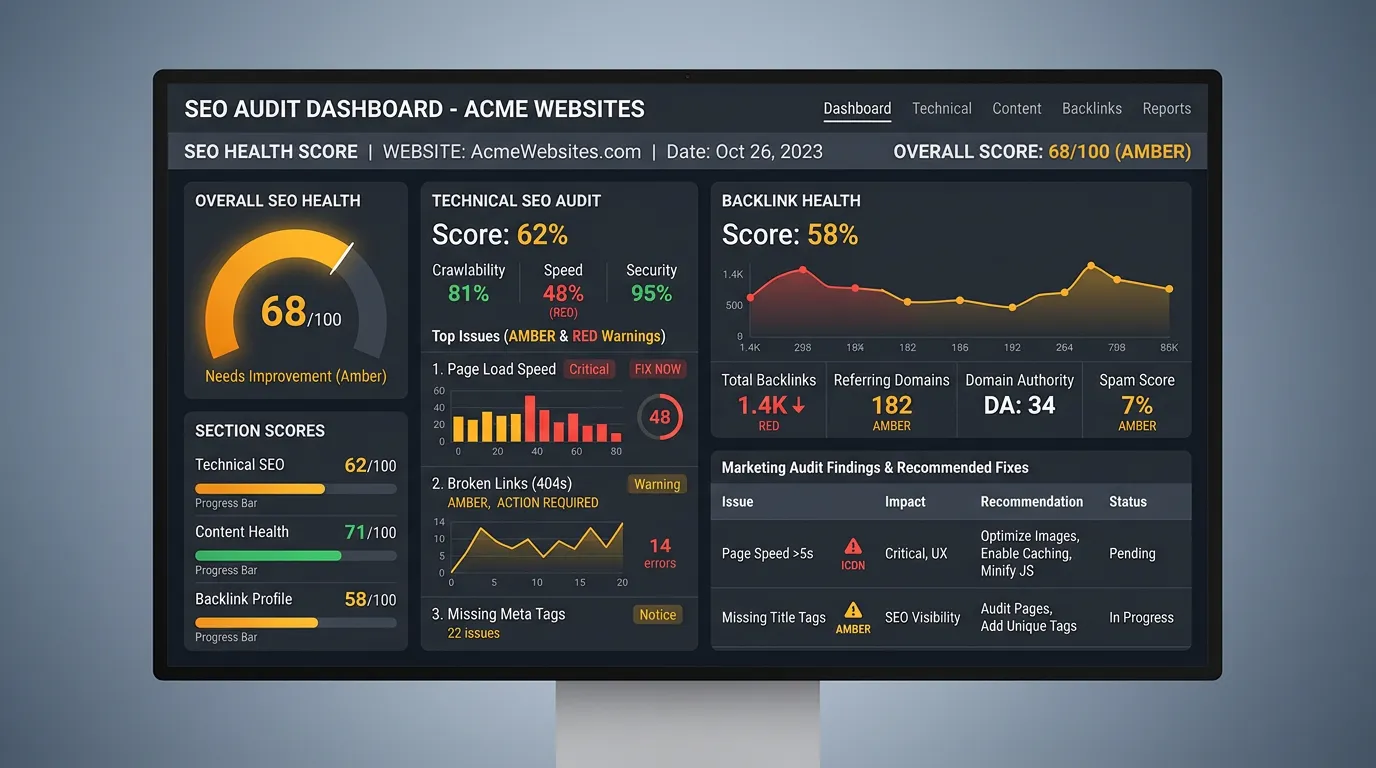 SEO audit scorecard showing technical content and backlink health with recommended fixes