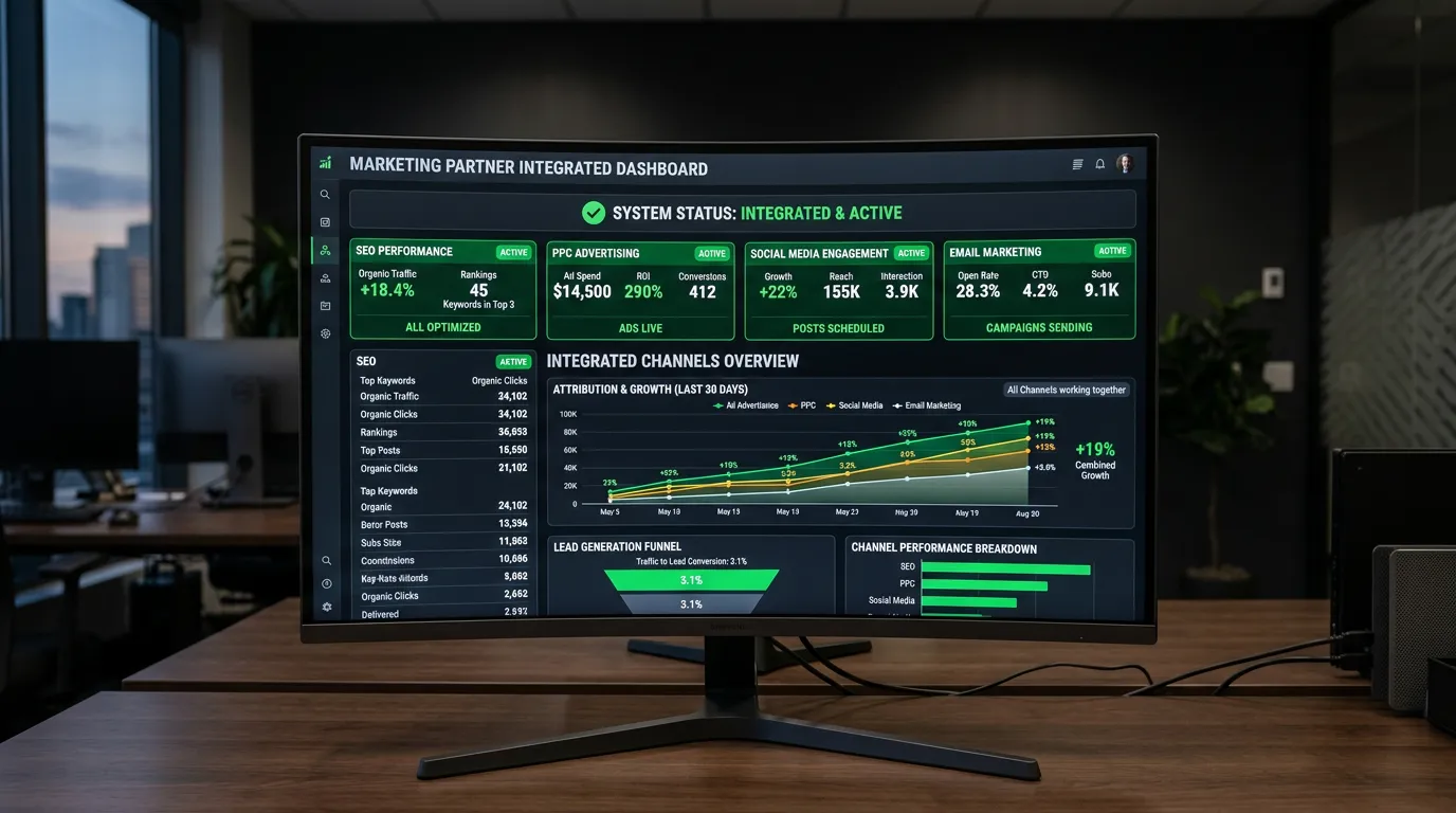 Comprehensive dashboard showing all marketing channels active green for full service partner clients