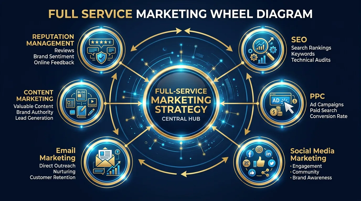 Full service marketing wheel showing all digital marketing channels connected in one partnership
