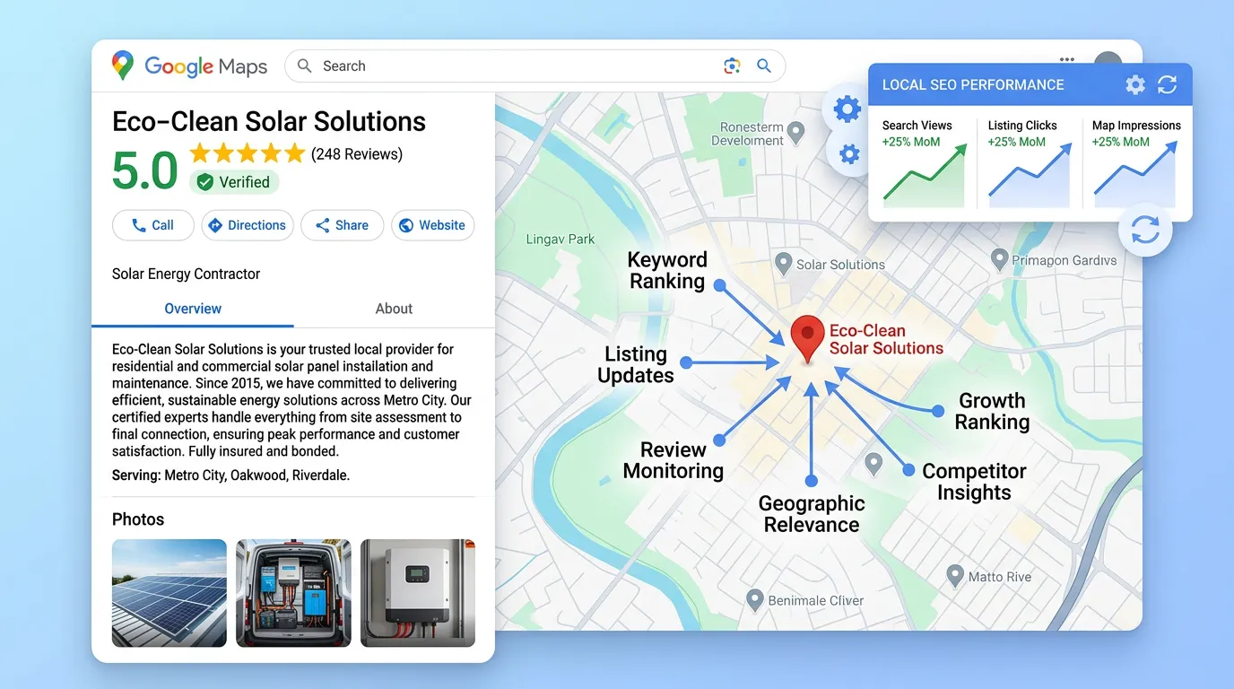 Fully optimized Google Maps business listing with 5-star reviews complete photos and rich description